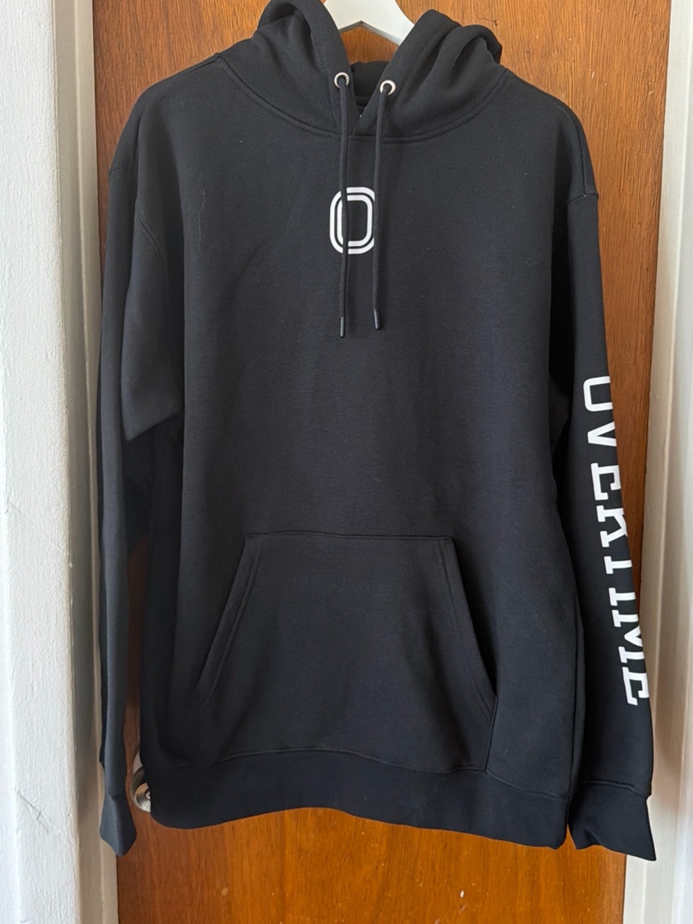 Black Crewneck Pullover Hoodie with Sleeve Logo